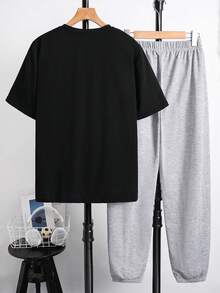 SHEIN 2件組青少年男孩休閒字母印花圓領套頭上衣套裝，適合夏季 - 彩色 - 查看 2