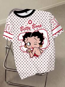 Betty Boop x SHEIN 女士可爱时尚波点印花圆领短袖T恤， - 白色 - 查看 1