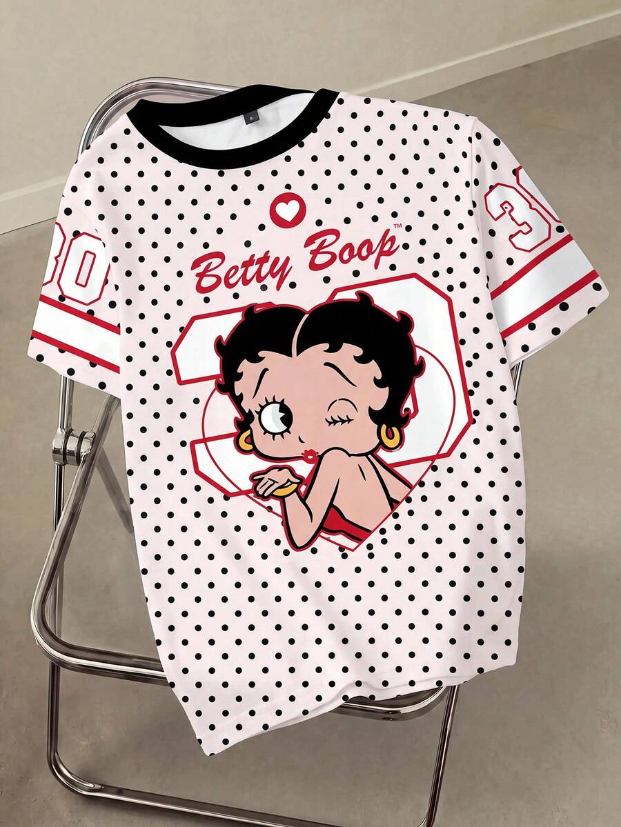Betty Boop x SHEIN 女士可爱时尚波点印花圆领短袖T恤， - 白色 - 查看 1