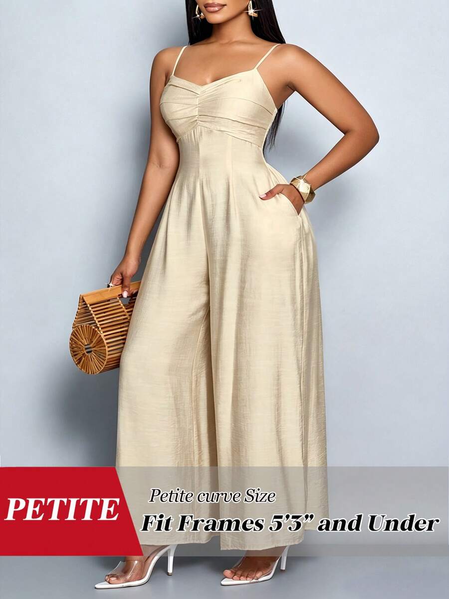 SHEIN PETITE CURVE 女士垂褶前襟垂褶领系带露背阔腿吊带连体裤,适合日常穿着和度假 - 杏色 - 查看 1