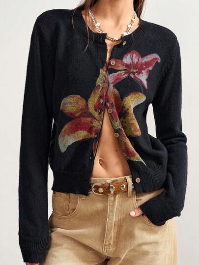 Bohemela Casual Women's Floral Pattern Long Sleeve Single-Breasted Knit Cardigan