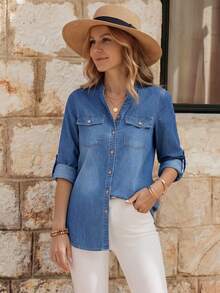 EMERY ROSE Blusa casual de denim con cuello recortado para mujer - Azul lavado medio - Ver 3