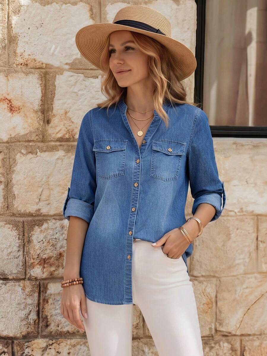 EMERY ROSE قميص كاجوال جينز للنساء بياقة منقوبة