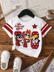 THE POWERPUFF GIRLS X SHEIN 女童夏季休閒卡通印花短袖T恤 - 白色 - 查看 7