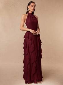 Silquee Women's Summer Elegant Solid Color Backless Halter Neck Ruffle Dress - Burgundy - View 3
