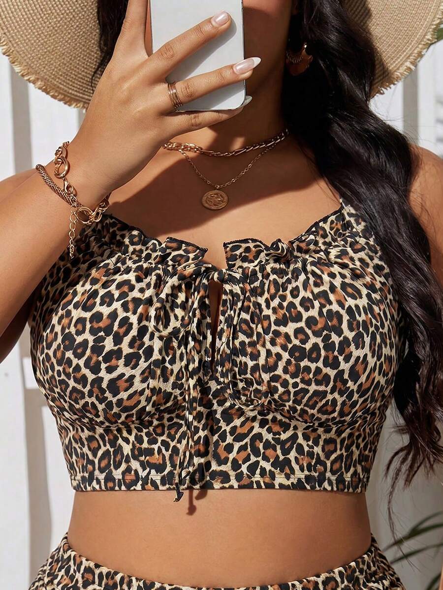 Slaydiva Top de traje de baño tipo camisola de talla grande de unicolor con cordón - Multicolor - Ver 1