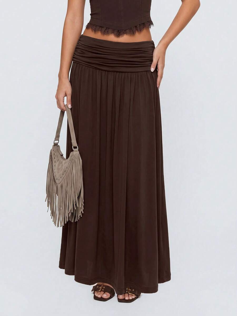 Avantive Summer/Fall Festival Party Prom Graduation Prom Casual Vacation Country Y2k Women's Brown Folds Ruched Long Skirt - Coffee Brown - View 1