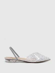 CUCCOO SZL Women's  Pointed Toe Slingback Pumps With Rhinestone Embellishment And Flat Transparent Heels - Silver - View 2