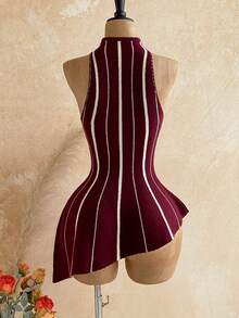Soleia Atasan Rajut Tanpa Lengan dengan Hem Asimetris Bergaris Blok Warna Burgundy & Putih untuk Musim Gugur/Dingin - Burgundy - View 7