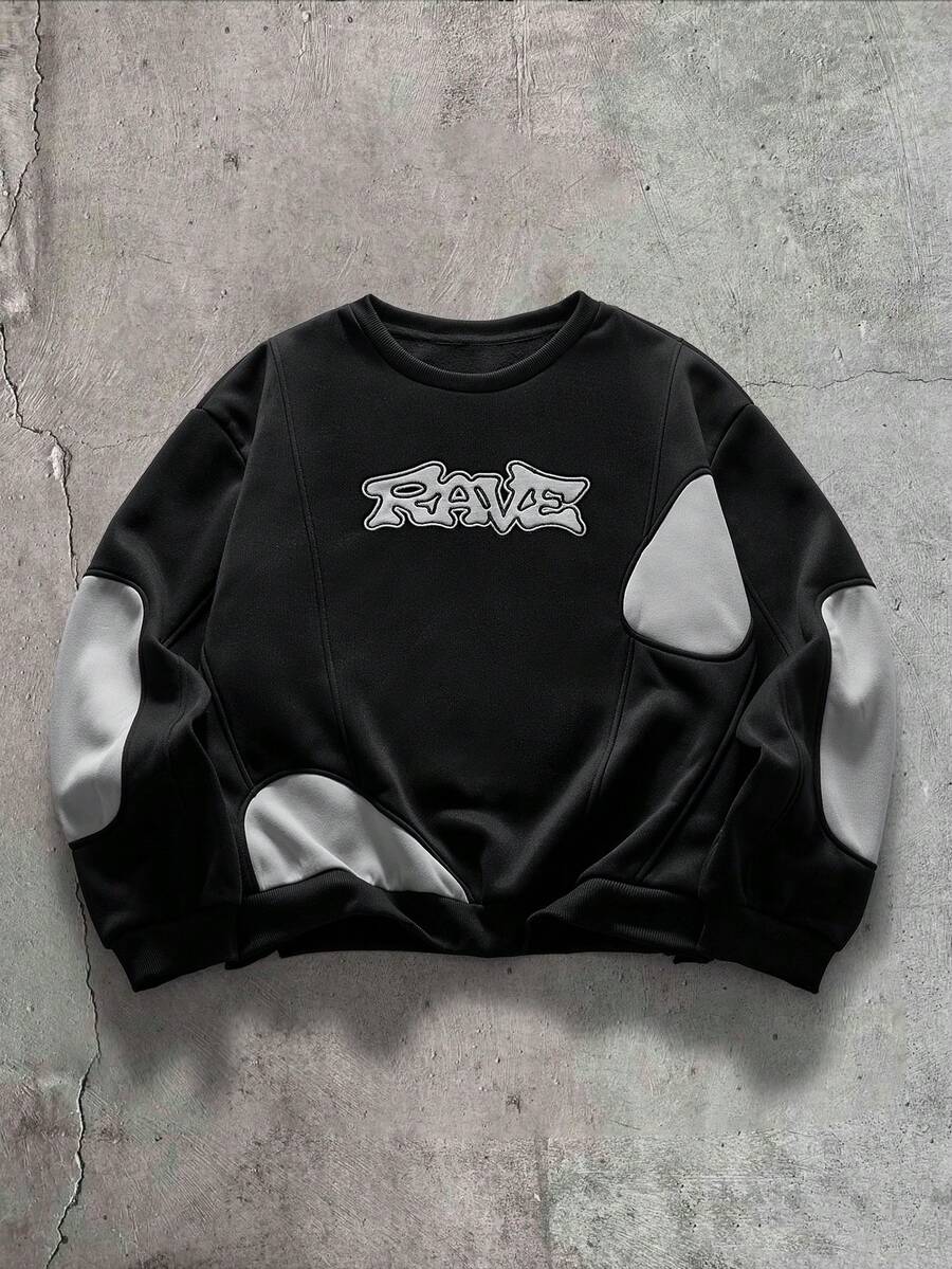 AXEPEAK 男士字母刺繡長袖休閒不對稱剪裁圓領運動衫 - 黑色 - 查看 1