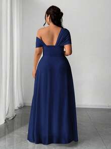 SHEIN PETITE CURVE 大码女式优雅浪漫婚礼宾客礼服，轻盈正式礼服，雪纺单肩开衩连衣裙 - 藏蓝色 - 查看 2