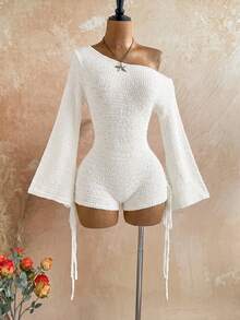 Soleia Women's Vacation Versatile Asymmetrical Shoulder Tie Strap Sweater Romper - White - View 6