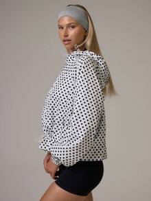 Musera Sport Contrast Colour Polka Dot Zip Through Cinched Bungee Chord Hem Hooded Nylon Active Jacket Gym Cute Pilates Fitness Daily - Black and White - View 4
