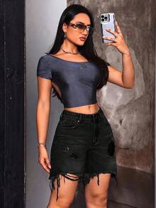 SHEIN Tall 女款街頭風破洞磨損毛邊牛仔短褲，適合高個女性 - 黑色 - 查看 6