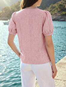 Dayvera French Gentle Style Lace Placket Linen Short Sleeve Cardigan Top - Baby Pink - View 2