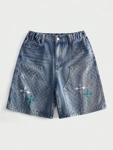 ROMWE MEN Street Life Teen Boy Casual Denim Shorts With Pocket Embroidery Design - Blue - View 1