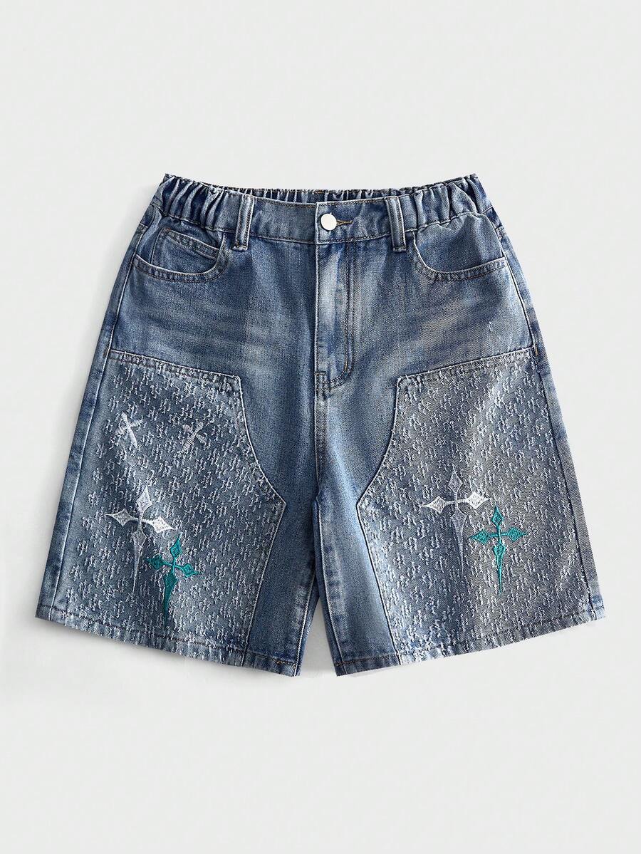 ROMWE MEN Street Life Teen Boy Casual Denim Shorts With Pocket Embroidery Design - Blue - View 1