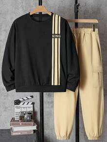 SHEIN 2件組青少年男孩時尚白色運動衫與深綠色長褲套裝，胸前綠色圖案印花，酷炫街頭風，柔軟舒適面料，易穿搭，適合春秋季、學校與外出，男孩必備穿搭 - 彩色 - 查看 4
