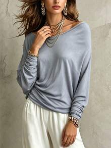 Trelyra Women's Solid Color Pleated Casual Versatile Daily Long Sleeve Top - Light Grey - View 4