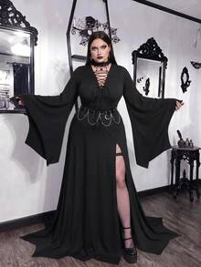 SHEIN CURVE+ 大尺碼蕾絲拼接不對稱下擺黑色洋裝，萬聖節大尺碼女款黑色洋裝 秋季 - 黑色 - 查看 3