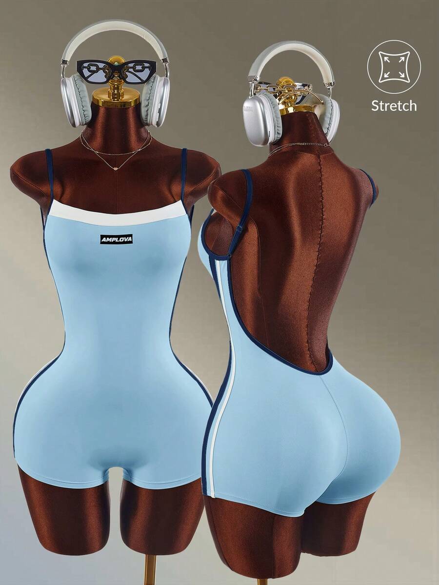 Amplova 女款字母印花露背細肩帶運動連身褲