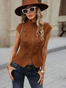 Brillora Women's Short "New Chinese Style" Jacket Mandarin Collar Button Closures Napoleon-Style Suitable For Work Going Out Summer Brown Smart Casual - Brown - View 6