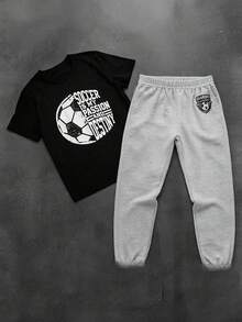 SHEIN 2件組青少年男孩休閒字母印花圓領套頭上衣套裝，適合夏季 - 彩色 - 查看 10