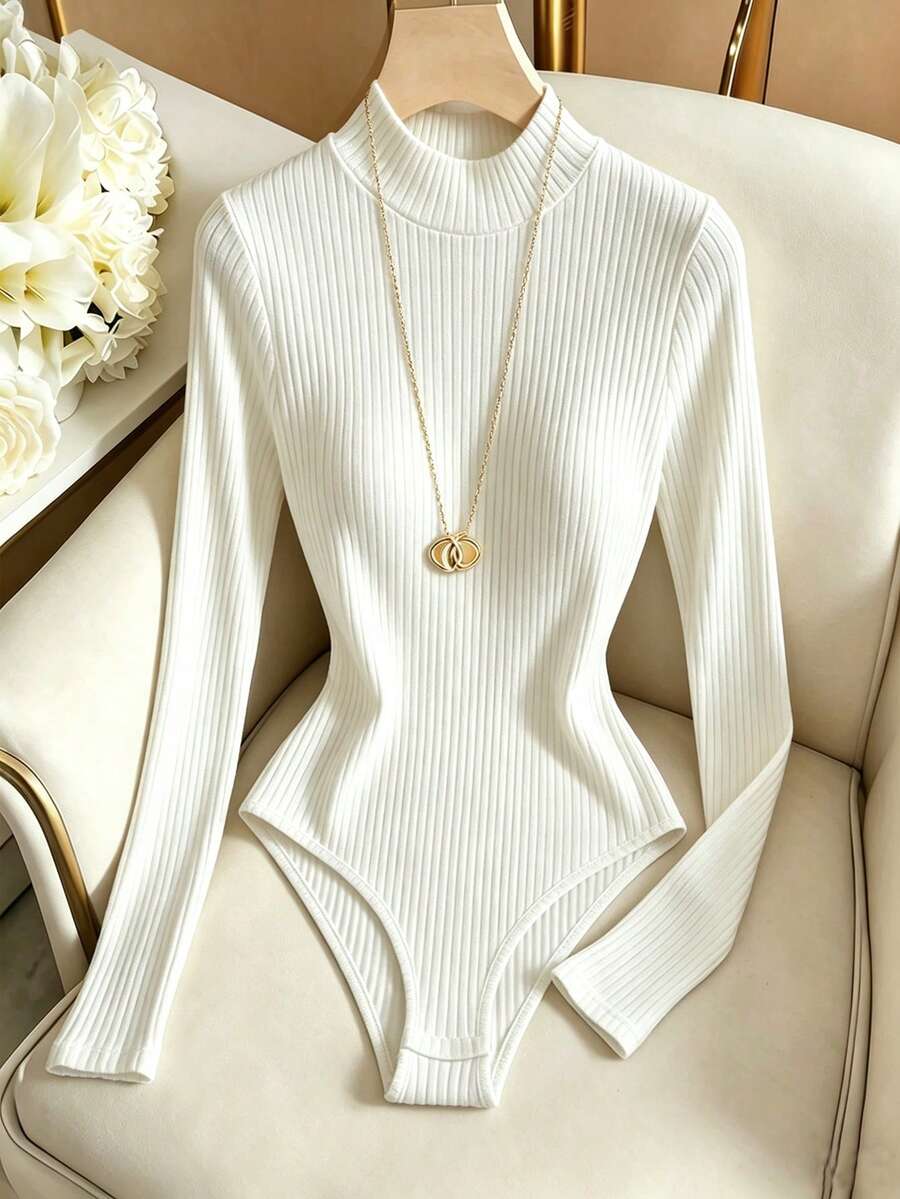 SHEIN LUNE French‑Style Metallic Diagonal‑Button Semi‑High‑Neck Long‑Sleeve Women Bodysuit Top, Slim Fit White For Autumn‑Winter Commuting Night Out - White - View 1