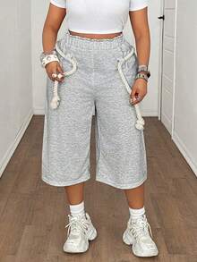 SHEIN CURVE+ Women's Plus-Size Summer Casual Sportswear Grey Sweatpants, Capri Design, White Chunky Rope Detailing, Suitable For Everyday Casual Wear, Versatile Item, Sportswear. - Grey - View 2