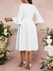 Fleurora Plus Size Elegant Party Solid Color Dress With Belt Fall - White - View 2
