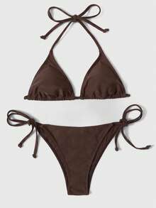 Swim Vcay Women's Solid Color Halter Tie Sexy Bikini Two-Piece Swimsuit Set For Vacation - Coffee Brown - View 1