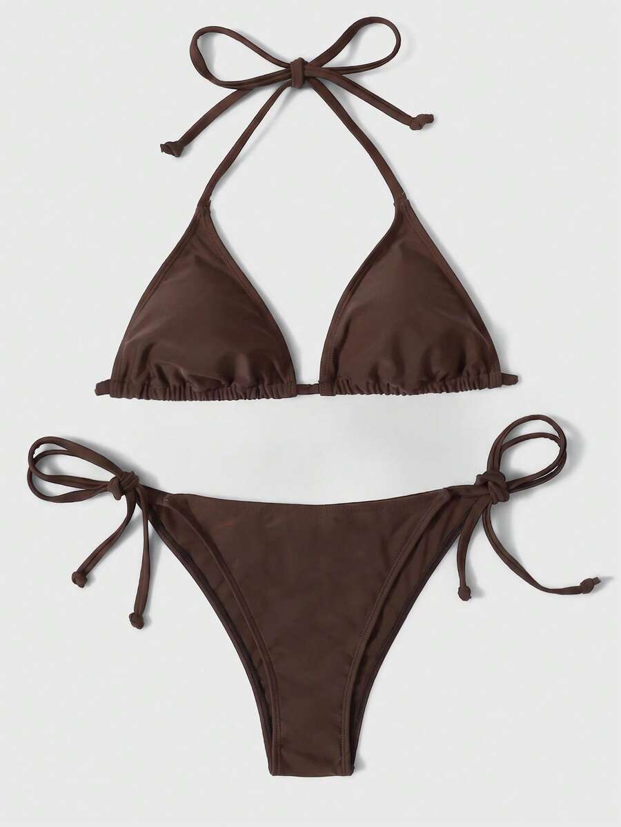 Swim Vcay Women's Solid Color Halter Tie Sexy Bikini Two-Piece Swimsuit Set For Vacation - Coffee Brown - View 1