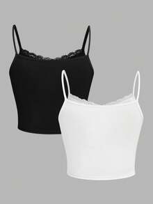 SHEIN Essnce 2件/套 95%纯棉无胸罩衬垫休闲简约百搭吊带背心，蕾丝拼接，黑白配色，适合度假、夏季穿着 - 白色 - 查看 7