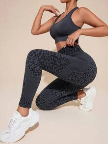 SHEIN Sports Heart Patchwork High Waist Seamless Sports Leggings - Black - View 3