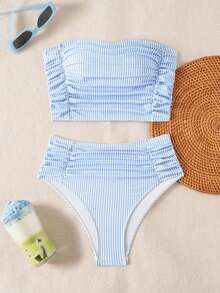 Swim Lushoire 女款純色抹胸比基尼套裝，雙面抓皺設計，海灘夏季穿搭 - 彩色 - 查看 2