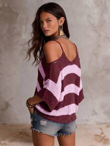 Solivie Women's Fashion Hollow-Out Off-Shoulder Colorblock Sexy Sweater For Vacation - Burgundy - View 3