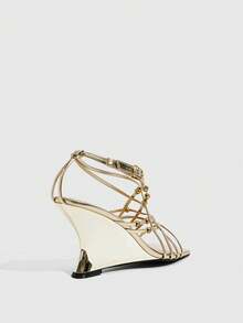 CUCCOO SZL Spring And Summer Rivet Braided Buckle Design Square Toe Slope Heel Light Luxury Gold Backspace High Heel Sandals Party Dinner Fall Shoes - Gold - View 3