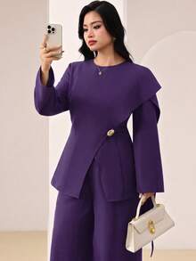 Veilorie Plus Size Metal Button Asymmetrical Hem Long Sleeve Shirt And Solid Color Long Pants 2 Pieces Set - Purple - View 6