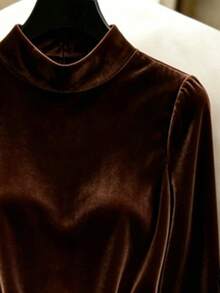 GlowEve Women's Elegant Mature Solid Color Stand Collar Lace Patchwork Dress Dinner Party Dark Brown Autumn - Brown - View 4