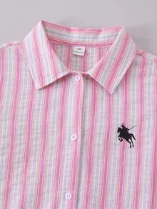 SHEIN Tween女孩淺卡其色紋理2件套，刺繡翻領長袖襯衫搭配同材質鬆緊腰寬腿褲，親膚面料，休閒隨性風格女裝，春夏/秋冬日常街頭穿搭通勤套裝，小眾設計極簡風童裝 - 彩色 - 查看 4