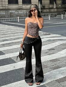 Jeanoix Y2K Women's Fashion Low Waist Skinny Flare Pants - Black - View 7