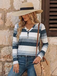 EMERY ROSE Long Sleeve V-Neck Button Decor Casual Multicolor Striped Women T-Shirt Women Tops For Spring Fall - Navy Blue - View 1