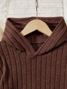 Girls' Knit Ribbed Hooded Asymmetrical Hem T-Shirt & Leggings 2 Pieces Set - Brown - View 5