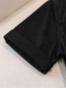 SHEIN MOD Atasan Denim Kasual Harian Wanita Ukuran Plus dengan Kancing Tunggal - Hitam - View 5