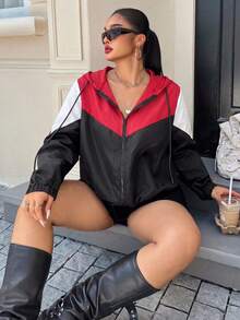 SHEIN EZwear 大尺碼黑金拼接拉鍊梭織連帽外套 登山 秋季休閒款 - 彩色 - 查看 1
