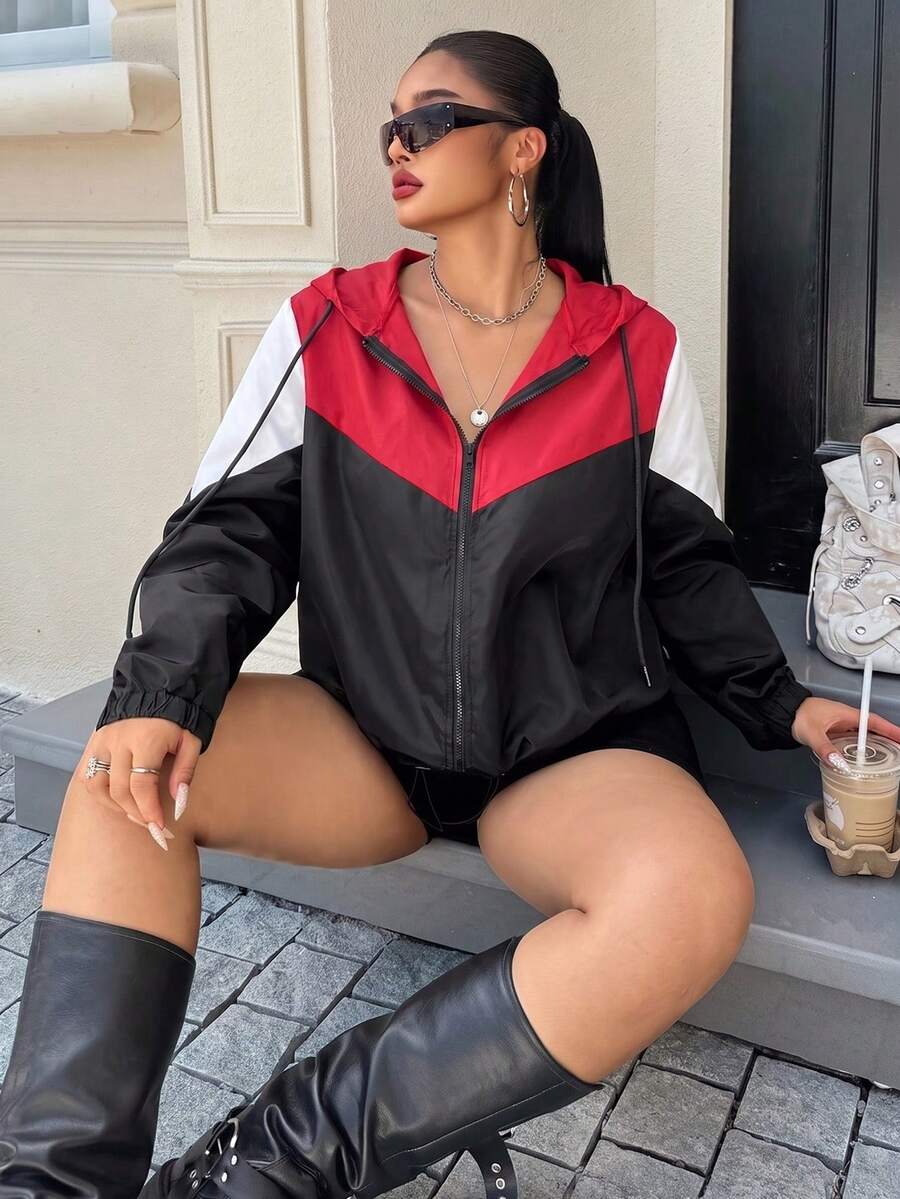 SHEIN EZwear 大尺碼黑金拼接拉鍊梭織連帽外套 登山 秋季休閒款 - 彩色 - 查看 1
