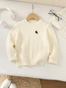 PrepCrw Kids Young Boy Knit Solid Color Cable Knit Crew Neck Casual Autumn Winter Sweater, Classic Stripes, Small Horse Logo - Beige - View 3