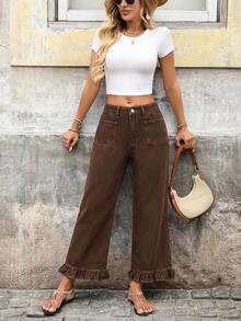 Breezaya Celana Jeans Denim Wanita Model Street dengan Kancing Saku dan Hem Bergelombang - Coffee Brown - View 6