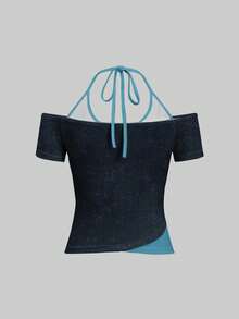 Attitoon Camiseta 2 en 1 de manga corta con cuello halter y estampado de mariposa y letra para mujer - Multicolor - Ver 8