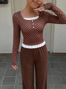 SHEIN Girls Round Neck Brown Polka Dot Long Sleeve Lace Trim Top With Pants, Fleece, Sweet Cute, Casual Comfortable, School, Winter Student Chocolate Brown - Brown - View 9